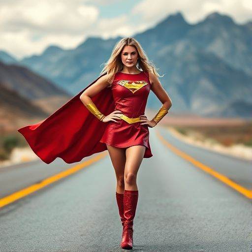 Generate an image of a powerful female superhero in a striking pose, wearing a red and gold costume with a flowing cape, standing confidently on a deserted highway surrounded by mountains, using a DSLR camera with a 50mm lens, f/1.8 aperture, ISO 100, vibrant colors, soft focus background, and dramatic lighting.