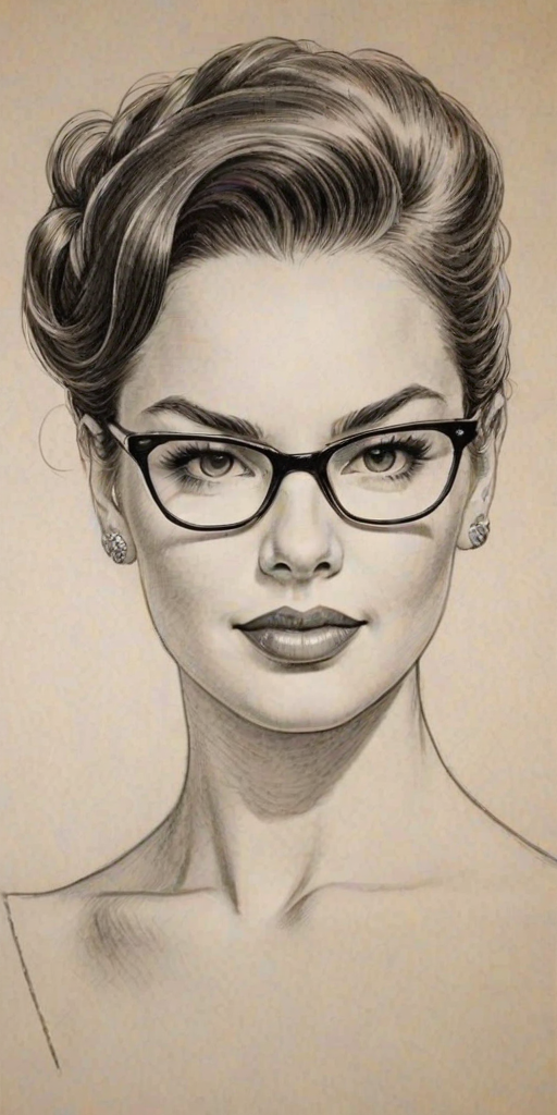 Enticing Tammy Blanchard, pencil sketch, portrait of Alluring woman 1950s in glasses, hair style beatnik, outline, clear lines, fine lines, 8k