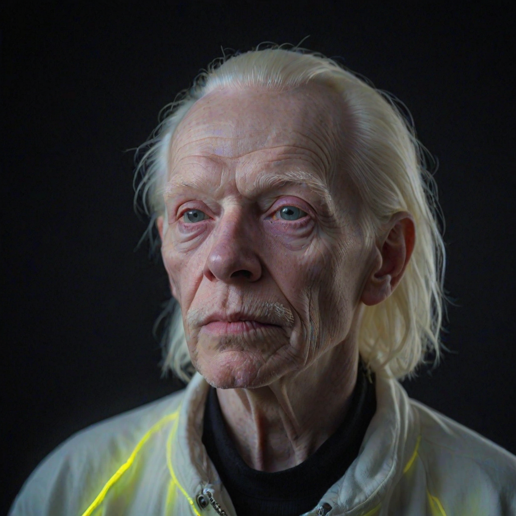 create a close-up perspective view fine art photography contemporary style of an elderly worn albino’s face with a soft, candid expression on a blurred sky black light background.Showcasing a modern style characterized by vibrant blacklight tones, using dramatic lighting and soft gradients to create a fine art atmosphere. The focus is on the light and facial features. motion light blur, neon backlit