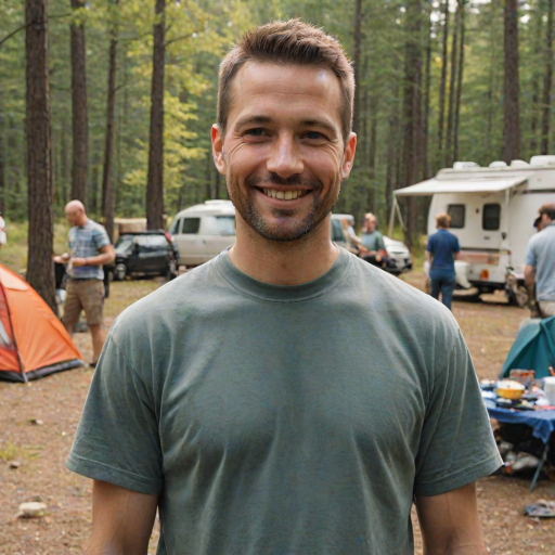 professional photograph, some guy, 35 year old man, crew cut, at a campsite, smiling at viewer, friendly<lora:Some_Generic_Rando_Dude_SDXL:1>