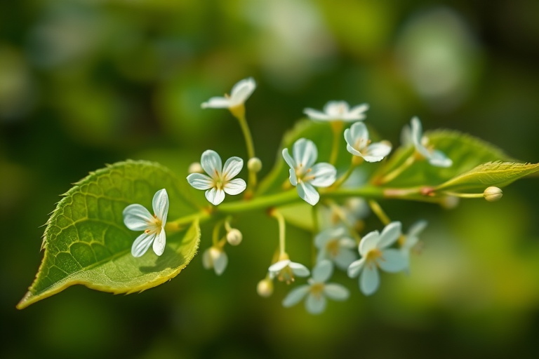 Create a vibrant close-up image of a green leaf branch with delicate white flowers, using a macro lens at f/2.8 for shallow depth of field, 1/250 sec shutter speed, ISO 100, natural light, and a DSLR camera positioned at eye level to capture intricate details and textures.