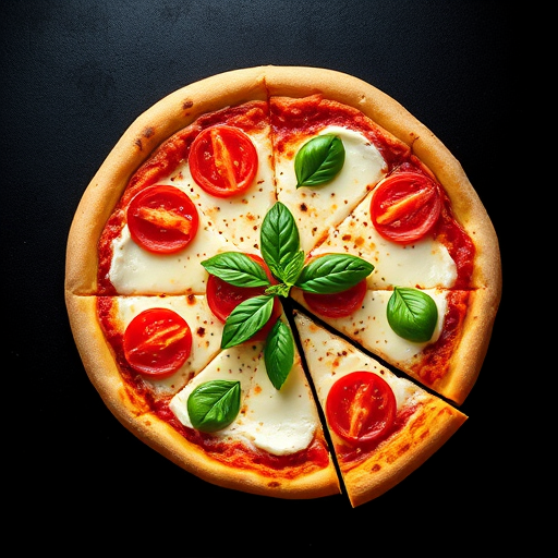 Generate a high-resolution illustration of a classic Margherita pizza, viewed from above with a single slice removed, vibrant colors, details on the cheese and basil, against a black background, shot with a DSLR camera, aperture f/2.8, ISO 100, focal length 50mm, using a top-down view and natural lighting for enhanced texture and color contrast.