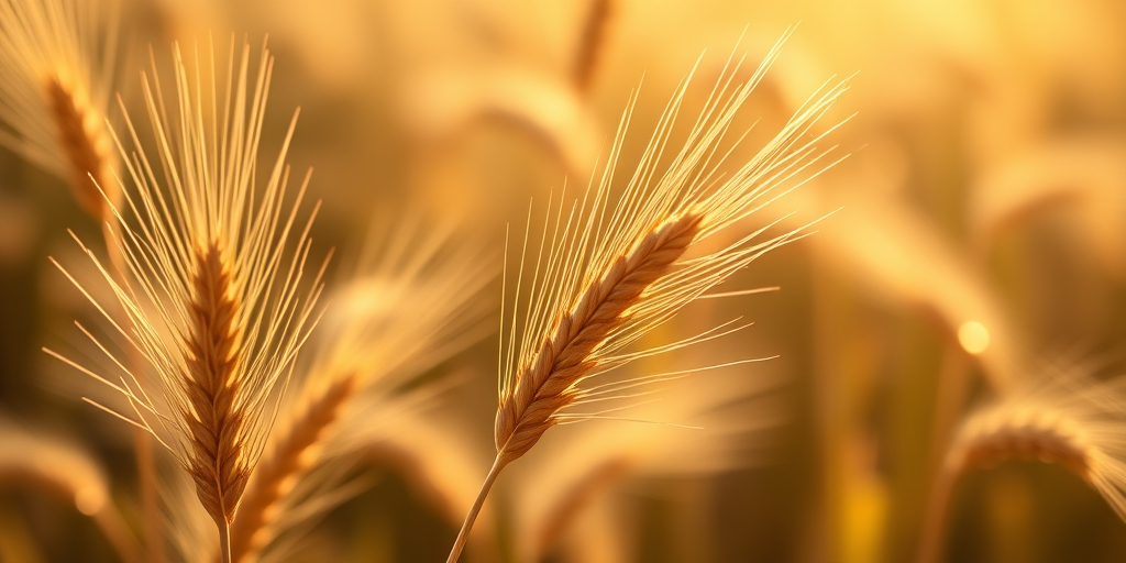 close-up of golden wheat ears swaying gently in the sunlight, captured with a Canon EOS 5D Mark IV, 50mm f/1.8 lens, ISO 100, f/2.8, 1/200s, natural light, shallow depth of field, soft bokeh background