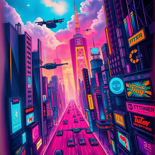 Cyberpunk cityscape tattoo depicting a futuristic metropolis with neon lights, holographic advertisements, and flying vehicles, rendered in a vibrant color palette with glowing effects