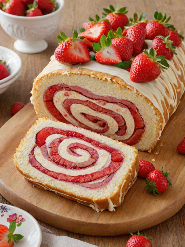 Create an image of a beautifully decorated strawberry roll cake. The cake should have a light yellow sponge with a creamy white frosting and fresh strawberry slices inside. It should be displayed on a wooden board, with a knife cutting through the cake to reveal the swirled layers. Add some whole strawberries on top for decoration.