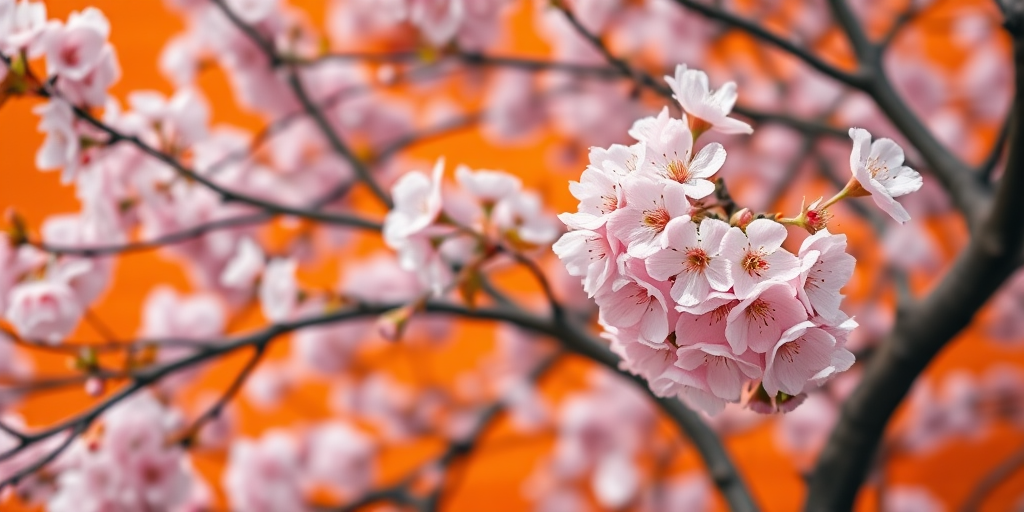 photograph of a cherry blossom tree with pink flowers against an orange backdrop, shallow depth of field, ISO 100, f/2.8, 50mm lens, natural lighting, DSLR camera, taken from a low angle to capture the full height of the tree.