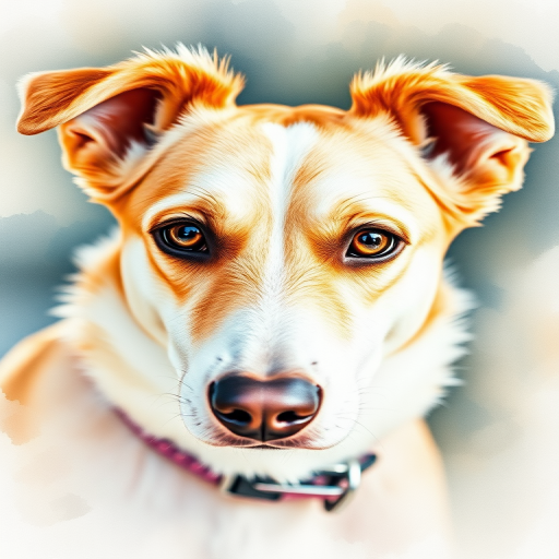 Create a watercolor painting of a dog with soft, blended colors and expressive features, capturing the warmth in its eyes, using a DSLR camera, with a 50mm lens at f/1.8, ISO 200, and natural lighting.