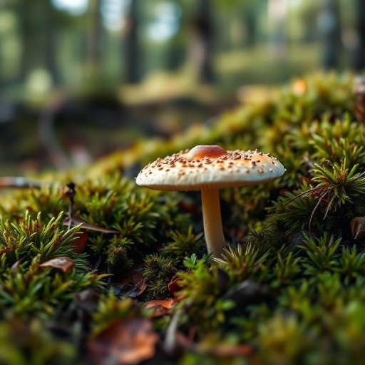 mushroom growing on mossy ground in a forest, shallow depth of field, ISO 200, f/2.8, 1/250s, 50mm lens, soft natural lighting, macro photography, DSLR camera, vibrant colors and sharp details