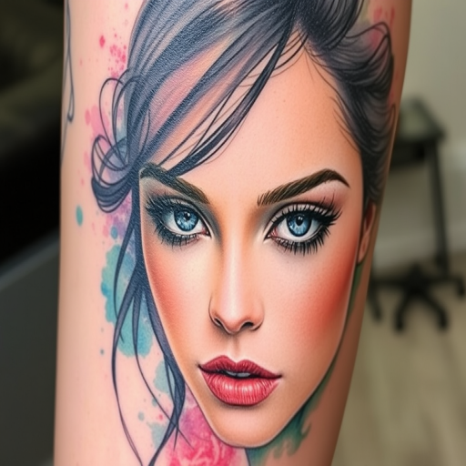 Watercolor portrait tattoo titled "Ethereal Beauty" combining realistic facial features with soft dreamy washes of color to create a captivating and emotive piece that appears to float on the skin