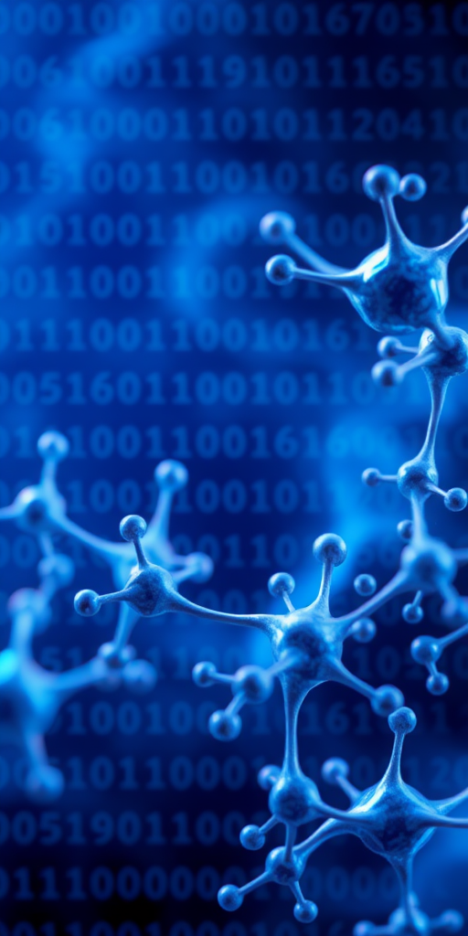 Create a digital abstract image with a deep blue background filled with hexadecimal code patterns and molecular structures, captured with a DSLR camera at ISO 100, f/2.8 aperture, 50mm lens, in a macro view to enhance the intricate details and sharpness.