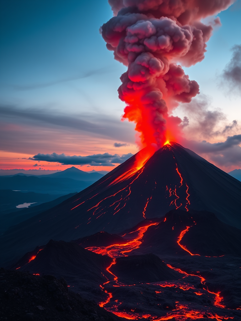high-resolution image of an erupting volcano at twilight, capturing flowing lava and vibrant ash clouds, using a Canon EOS 5D Mark IV, aperture f/8, shutter speed 1/125s, ISO 400, wide-angle lens 24mm, dynamic composition with foreground lava flow and distant mountains in the background.