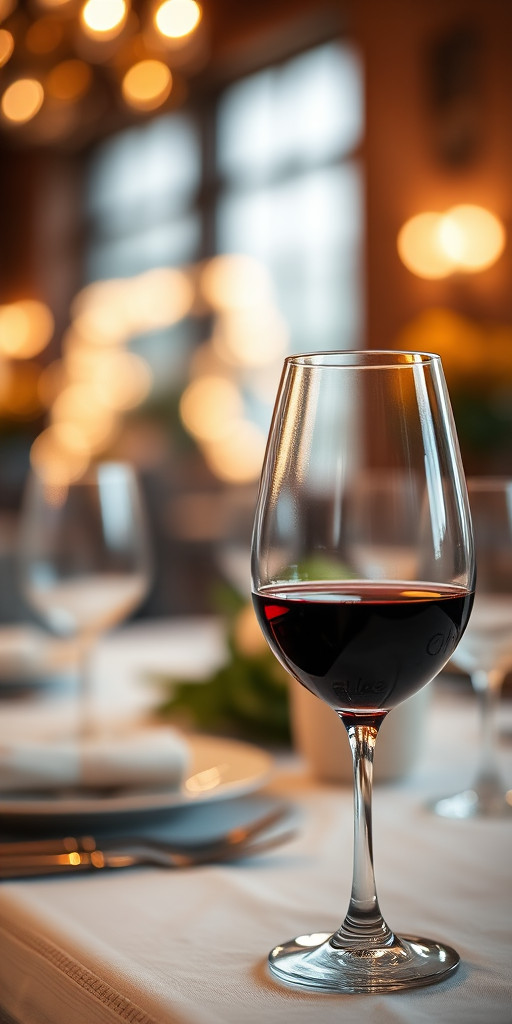 a beautifully set dining table with an elegant wine glass filled with red wine in the foreground, soft bokeh lights in the background, warm and cozy atmosphere, f/2.8 aperture, 50mm lens, ISO 200, natural light, DSLR camera, shallow depth of field