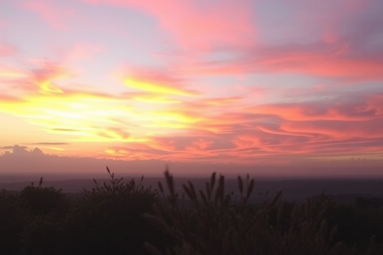 Generate an image of a serene landscape at sunset with vibrant colors in the sky, captured using a DSLR camera at f/8 aperture, 1/125 sec shutter speed, ISO 200, with a wide-angle lens (24mm), from a low-angle perspective to enhance foreground details.