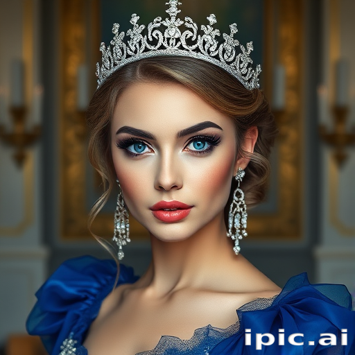 A gorgeous woman in a luxurious blue gown, accessorized with a dazzling tiara and statement earrings, her deep blue eyes highlighted by impeccable makeup, poised in a royal setting, photorealistic, 8K quality