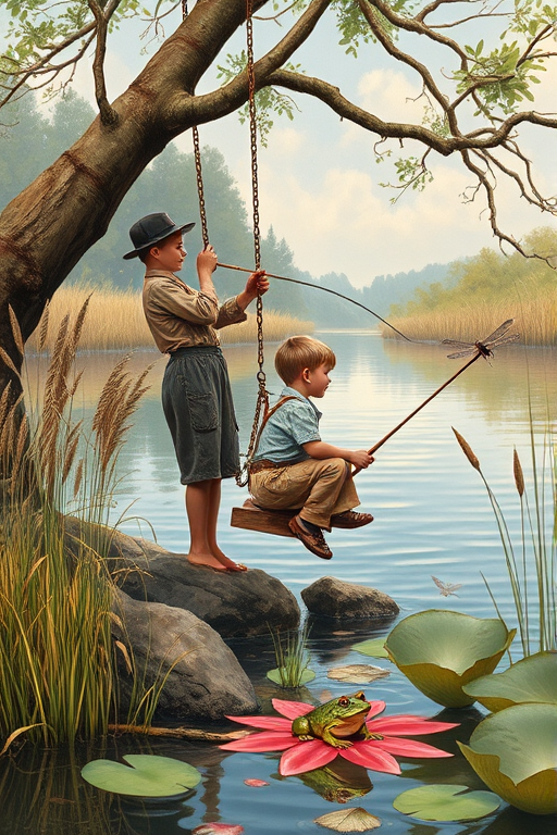 Imagine a small group of old fashioned young boys out fishing by the creek, a swing hanging from a tree branch, reeds and grasses by the water's edge, a frog sitting on a lily pad, dragonflies hovering over som water plans, a very iconic old fashioned scene reminiscent of a Norman Rockwell painting style