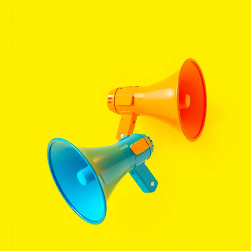 Create a high-resolution digital illustration of two megaphones, one blue and one orange, on a bright yellow background, using a Canon EOS 5D Mark IV, 50mm lens, f/2.8 aperture, ISO 100, and natural lighting to enhance clarity and vibrancy.