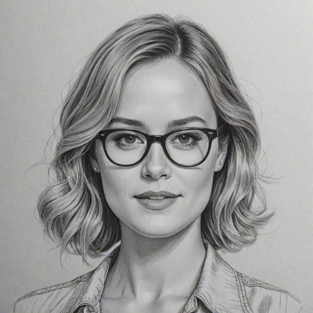 Attractive Brie Larson, pencil sketch, portrait of Delightful woman 1927s in glasses, hair style beatnik, outline, clear lines, fine lines, 8k
