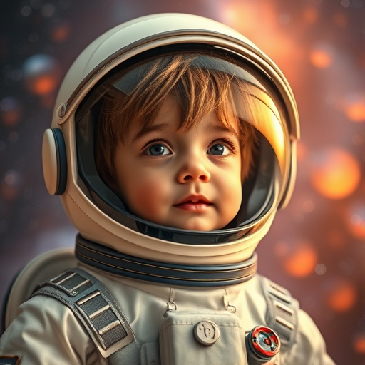 A young child in a space suit with a reflective helmet, showcasing vibrant nebulae and stars, warm glowing lights in the background, shot with a Canon EOS R5, 85mm lens, f/1.8 aperture, 1/200s shutter speed, ISO 100, using soft focus for a dreamy effect.