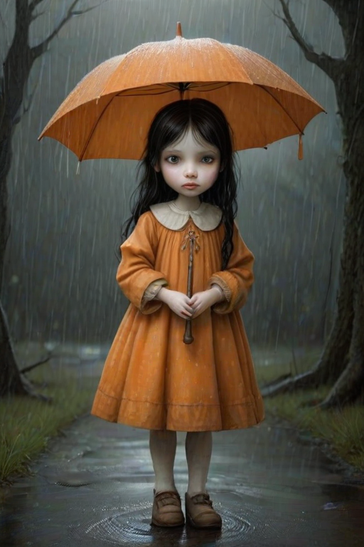 An eerie, weird little girl with dark hair in thin pigtails, wearing a smock dress, standing in the rain, holding a dirty orange umbrella, a small, odd creature beside her. In a surreal style inspired by Nicoletta Ceccoli and Brian Froud. Dark fantasy themes