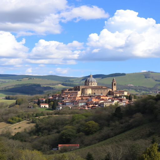 Capture a high-resolution landscape image of a historic town nestled in rolling hills under a clear blue sky with fluffy clouds, using a DSLR camera with a 24mm lens, aperture set to f/8, ISO 200, and a shutter speed of 1/100s for optimal detail and color saturation.