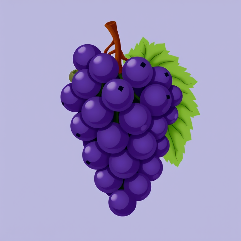 Create an illustration of a bunch of grapes, vibrant purple colors, with a brown stem and green leaves, in a flat design style, using a digital medium with a resolution of 300 DPI, viewed from a slightly elevated angle, using a vector art technique for crisp lines and rich colors.
