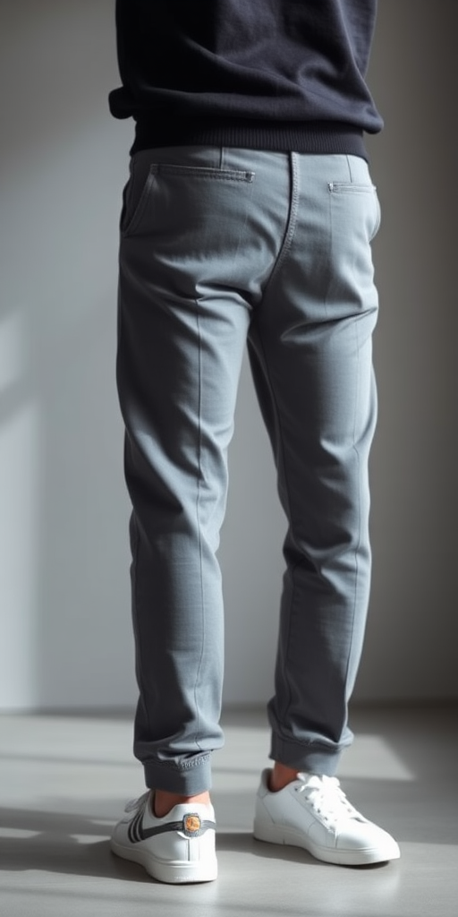 Create a high-resolution vector image of a stylized figure's lower body wearing fitted gray pants, using a Canon EOS R5 camera with a 50mm f/1.2 lens, at f/2.8, ISO 100, and 1/200s shutter speed, with a focus on clean lines and minimalistic design in a well-lit environment.