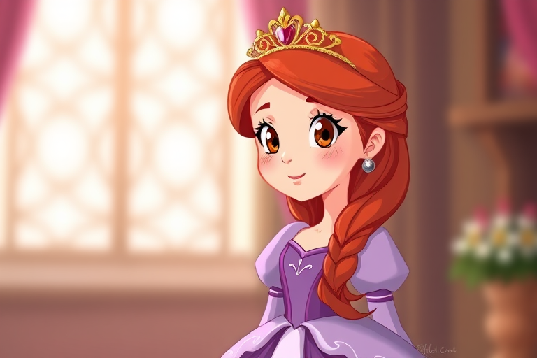 Create a high-resolution illustration of a cartoon princess with long red hair and a crown, wearing a purple gown with white accents, using a soft-focus background, captured with a 50mm lens at f/1.8 and 1/100s shutter speed in a digital art style.