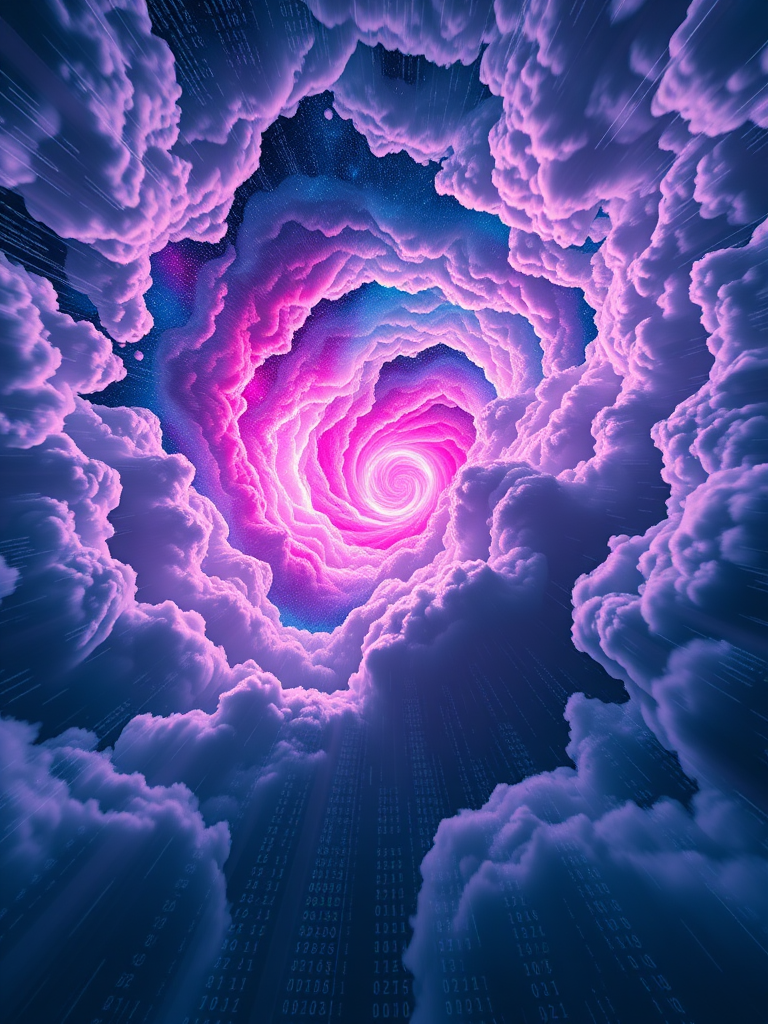 Create a vibrant digital artwork of a cosmic vortex with swirling clouds and binary code elements, captured at a low-angle view with a wide aperture of f/1.8, ISO 100, and a focal length of 24mm, utilizing a full-frame DSLR camera to enhance depth and detail.