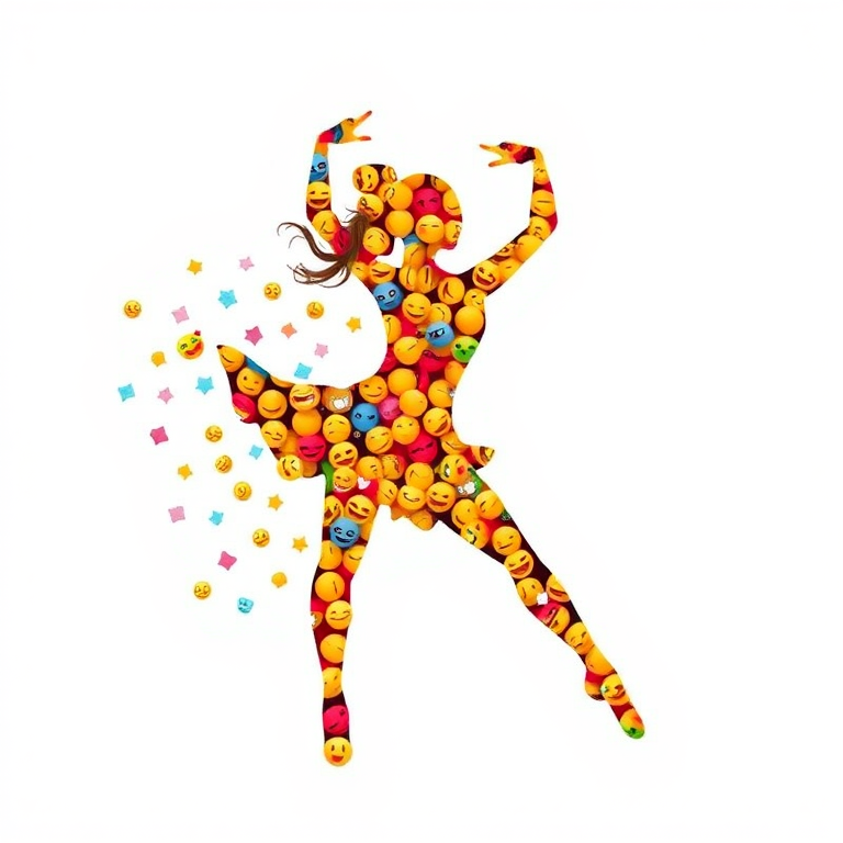 Create a vibrant silhouette of a dancer filled with colorful emojis on a white background, using a Canon EOS R5 with a 50mm f/1.2 lens, aperture set to f/2.8, shutter speed at 1/250s, ISO 100, in a high-resolution digital format, ensuring sharp details and vivid colors.