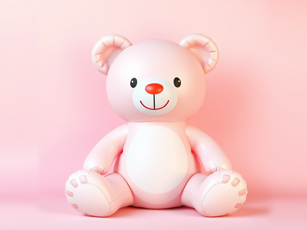 Create a high-resolution image of a pastel-colored inflatable teddy bear sitting upright, with a soft pink backdrop, using a DSLR camera with a 50mm lens, f/1.8 aperture, ISO 100, and natural lighting for enhanced texture and detail.