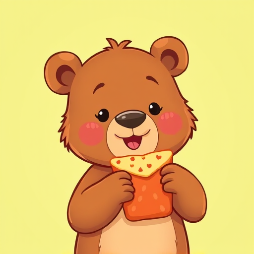 Create a vibrant cartoon of a bear holding a snack, with a soft green background, using a 50mm lens at f/2.8, ISO 100, in a digital illustration style, capturing clear details and lively colors.