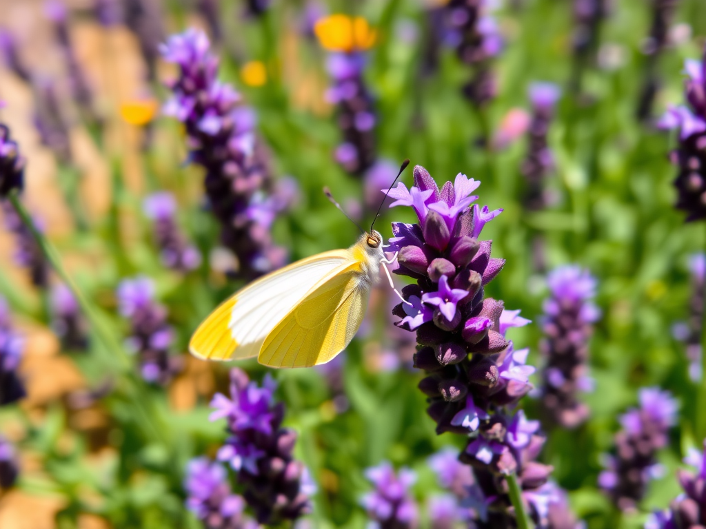 A delicate butterfly with white and yellow wings perched on vibrant lavender flowers in a sunny garden setting.