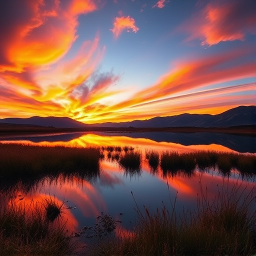 Create a high-resolution image of a scenic landscape during sunset with vibrant colors in the sky and a calm lake reflecting the colors, using a DSLR camera, 50mm lens, aperture f/1.8, ISO 100, shutter speed 1/200, shot from a low angle to capture the reflection, with a warm color palette and detailed foreground elements.