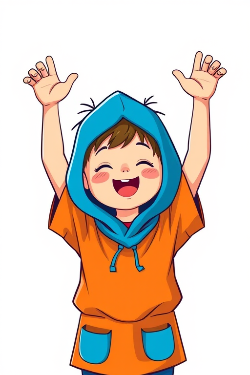 Create a vibrant illustration of a joyful child with arms raised, wearing a blue hood and an orange tunic, in a playful cartoon style, shot with a Canon EOS 5D Mark IV at f/8, ISO 200, 50mm lens for a bright and clear background.