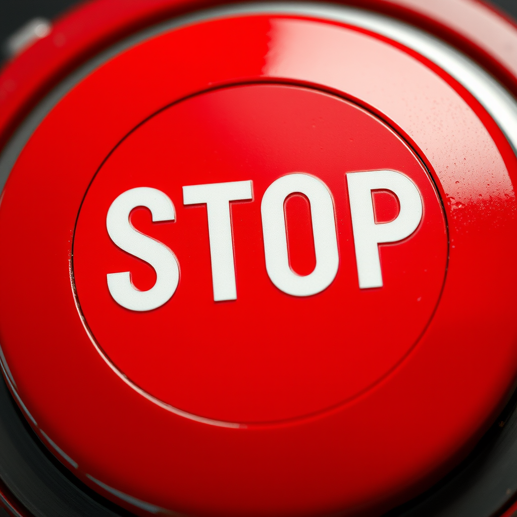 Create a high-resolution image of a large red stop button with bold white text, using a macro lens at f/2.8, 1/60 second shutter speed, ISO 100, top-down view, with studio lighting to enhance color saturation and contrast.