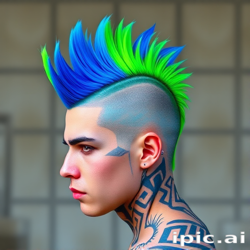 Edgy Neon Mohawk combining vibrant lime green and electric blue in a bold spiked mohawk style with shaved sides featuring intricate geometric patterns
