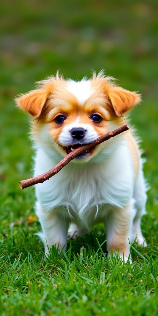 A small, fluffy dog with a light brown and white coat holds a stick in its mouth while standing on green grass.