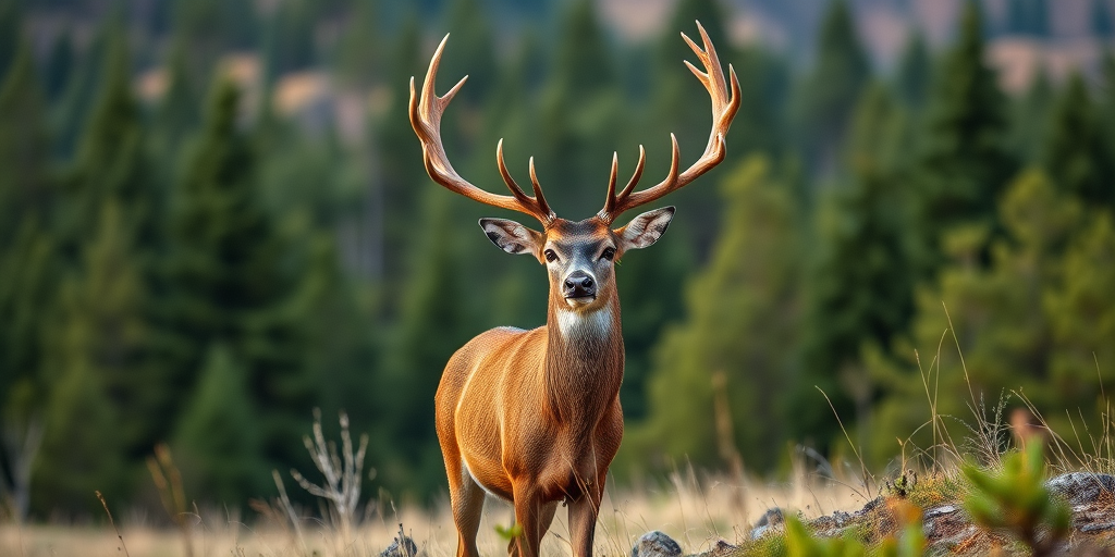 Capture a high-resolution image of a majestic deer with large antlers standing in a scenic forest backdrop, using a DSLR camera, aperture f/2.8 for a blurred background, ISO 200 for clarity, shot at a 50mm focal length, in natural lighting conditions to enhance colors and detail.