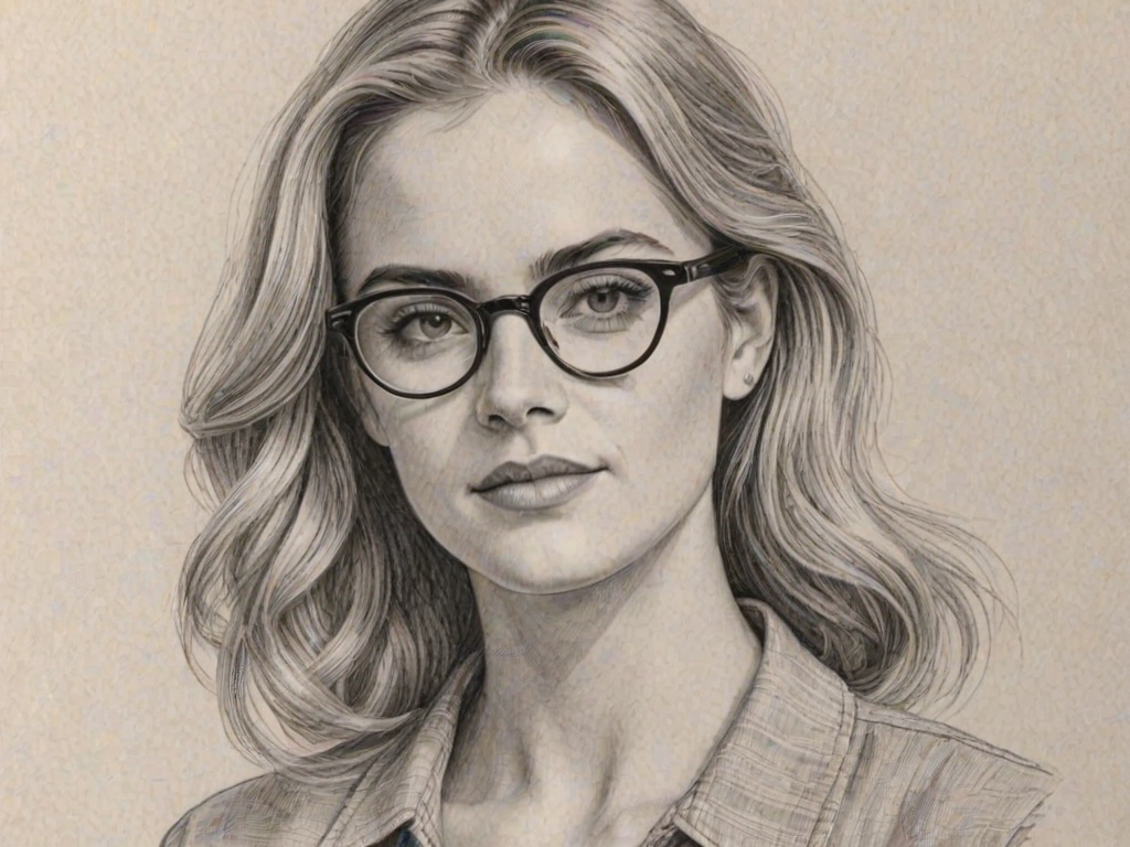 Magnificent Emily Wickersham, pencil sketch, portrait of Delightful woman 1954s in glasses, hair style beatnik, outline, clear lines, fine lines, 8k