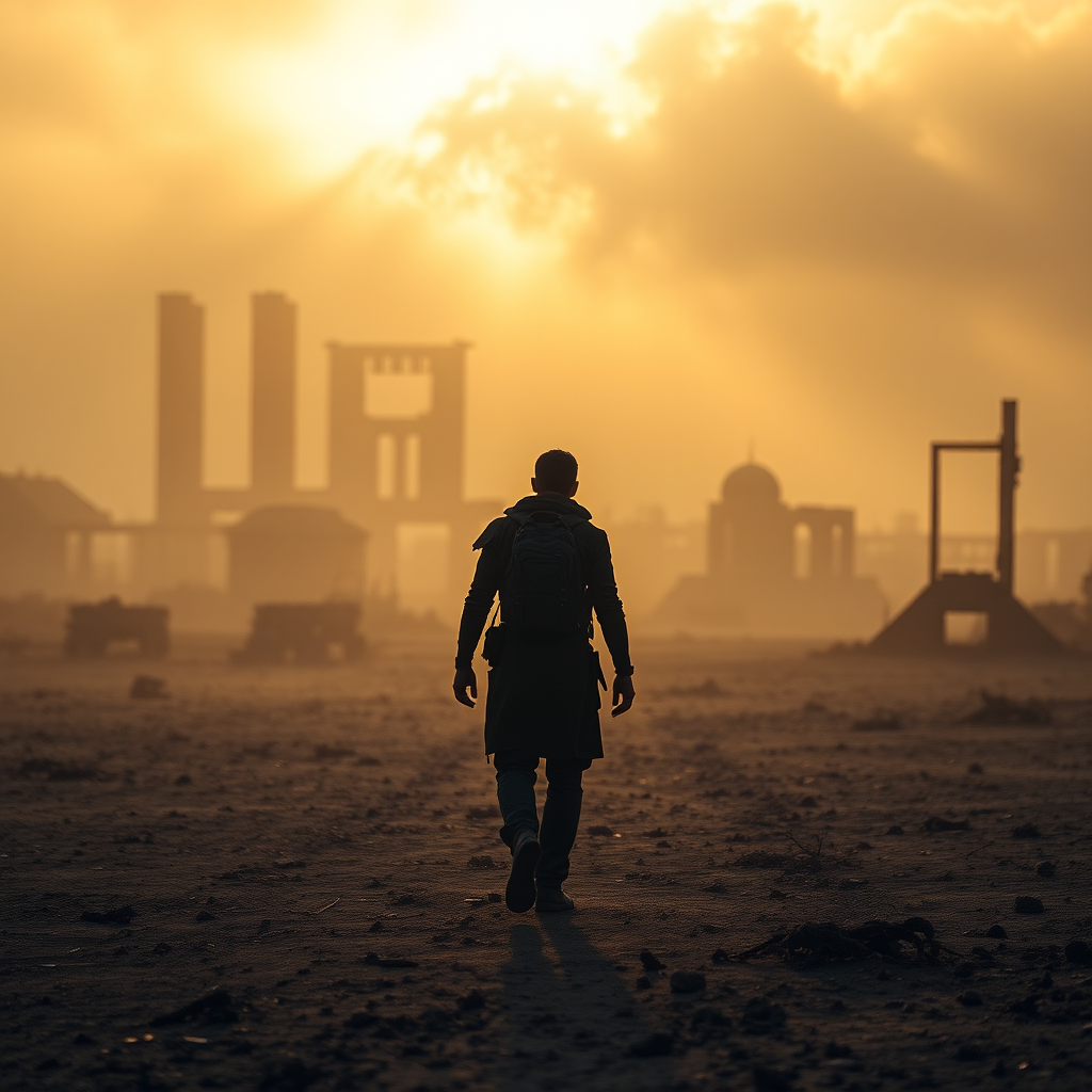 Create a post-apocalyptic landscape featuring a lone figure walking through a desolate terrain with ruined structures in the background, soft golden sunlight breaking through heavy fog, captured with a full-frame DSLR camera at f/1.8, ISO 200, 50mm lens, with a shallow depth of field and a cinematic style to enhance the atmospheric quality.