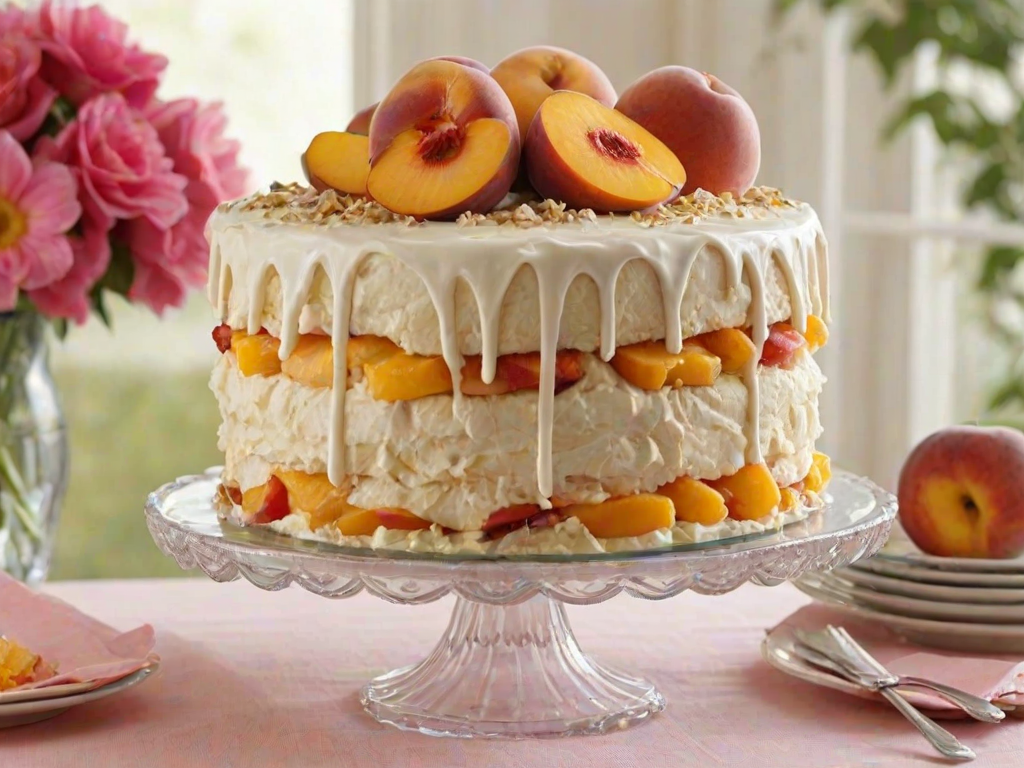 Create an image of a beautifully decorated cake on a cake stand. The cake should have a creamy texture with a slice cut out to reveal layers inside. Include fruit pieces, such as peaches, visible in the layers. The top should be adorned with swirls of frosting and a crumb topping, surrounded by fresh peaches. The setting should be warm and inviting, with a pastel-colored tablecloth underneath.