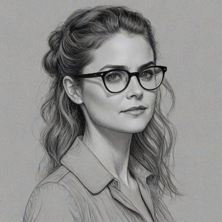 Ravishing Keri Russell, pencil sketch, portrait of Splendid woman 1926s in glasses, hair style beatnik, outline, clear lines, fine lines, 8k