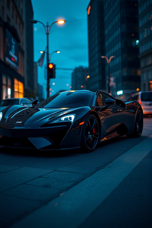 Create a high-resolution image of a sleek, futuristic black sports car parked on a city street at dusk with streetlights illuminating the scene, using a DSLR camera with a 50mm lens, f/1.8 aperture, ISO 200, and a low-angle view to accentuate the car's design.