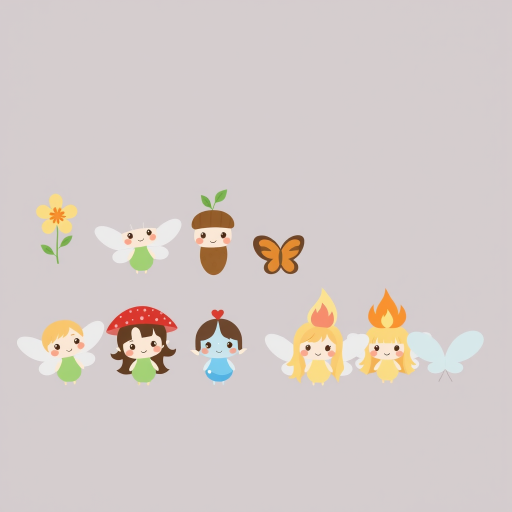 Create an illustration of cute, small fairies in a row with different themes. Include a fairy with a flower on its head, one with green leaves, an acorn, a red mushroom, a butterfly, a blue water-themed fairy, and a fairy with flames on its head. All fairies should have simple, round bodies and expressive eyes, with a soft, whimsical style. Use pastel colors for a gentle, enchanting effect.