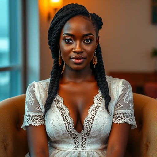 Create a portrait of a refined and elegant African American woman seated in a sophisticated setting. She has long, wavy hair styled in two thick braids that are pulled over her shoulders. She wears a white, lace gown with intricate patterns, featuring a deep V-neckline and short sleeves. The dress exudes a vintage charm with its delicate lacework. She is adorned with ornate, dangling earrings that add a touch of glamour to her appearance. The background is softly lit, with warm, ambient lighting that creates a cozy and inviting atmosphere. Her expression is poised and serene, capturing a sense of grace and elegance.