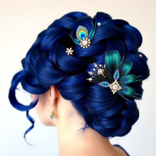 Regal sapphire blue updo known as Royal Peacock incorporating elaborate twists and coils adorned with iridescent feather accents and glittering gemstone hair pins fit for royalty