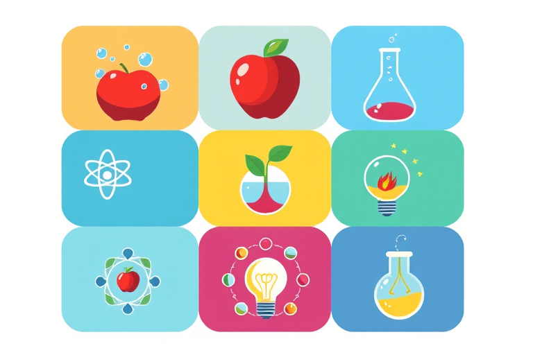 Create a vibrant and modern illustration of nine science and innovation-themed icons arranged in a 3x3 grid, featuring a flask with bubbles, a red apple, an atom symbol, a beaker with flames, a plant in a flask, a light bulb, a circular design with an apple, another flask with bubbles, and a glowing light bulb; shot with a Canon EOS R5, 50mm lens, f/1.8 aperture, ISO 100, natural lighting for enhanced clarity and color vibrancy.
