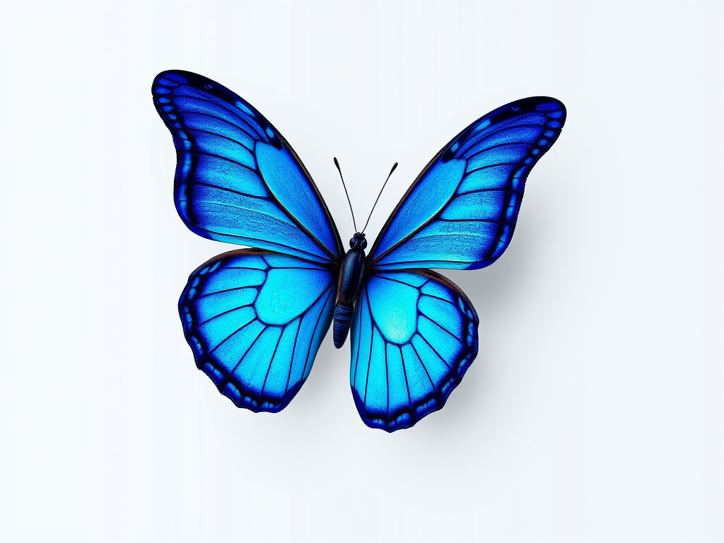 Generate an image of a vibrant blue butterfly with intricate wing patterns and a glossy appearance. The butterfly should be depicted from a frontal view, showcasing its symmetry and vivid colors against a simple background.