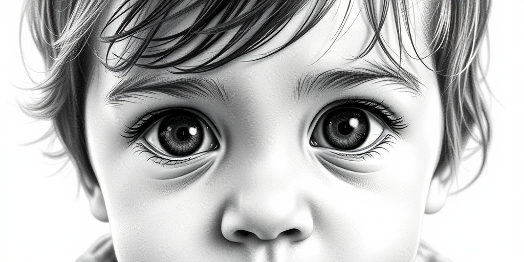 A hyperdetailed photorealistic black and white sketch of a beautiful toddler with deep black eyes, with a macro focus