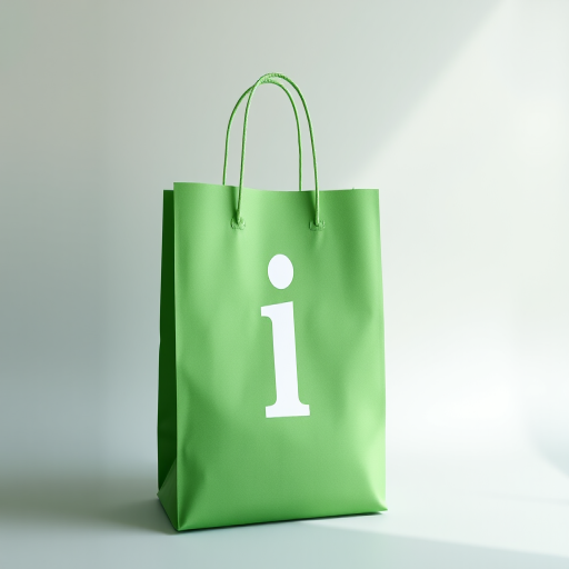 Create a minimalist design of a green shopping bag with a white lowercase "i" in the center, shot with a Canon EOS R5 camera at f/8 aperture, 24mm focal length, ISO 100, in soft natural light against a gradient background.